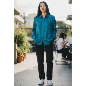 Harnold Womens Size Medium Green 100% Silk Button Down Shirt Blouse